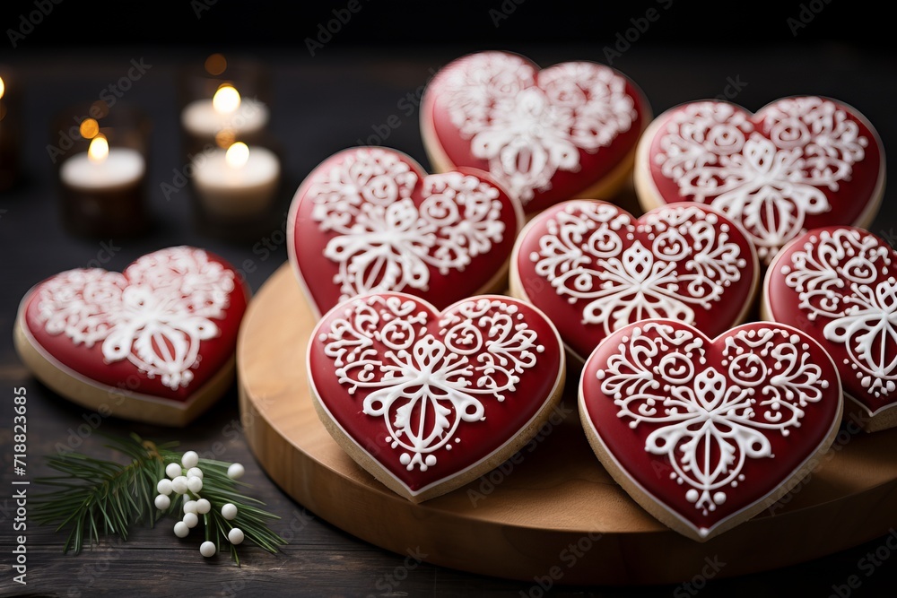 heart shaped chocolate cookies with white icing ornament for valentines day