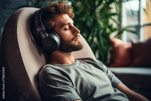 Generative AI picture of young man in headphones listening to music at home