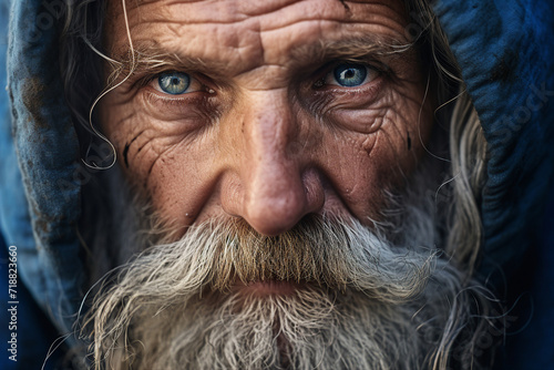 Close up photo of a homeless old man with dirty clothes and messy beard wrinkled face on cold rainy street generative ai