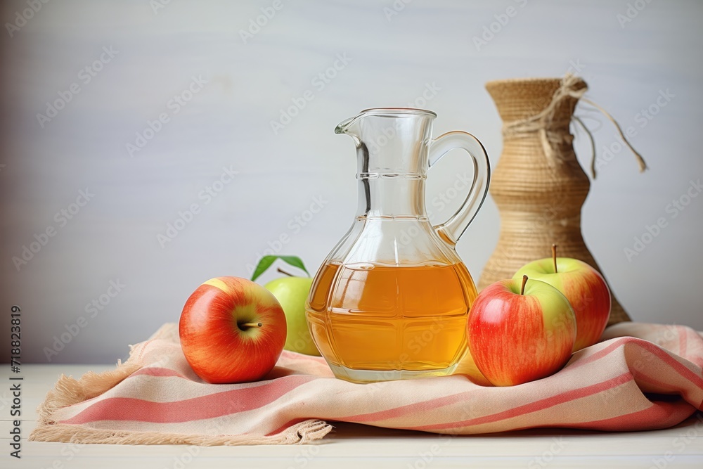 apple cider in a glass carafe on a linen cloth apple cider in a glass carafe on a linen cloth