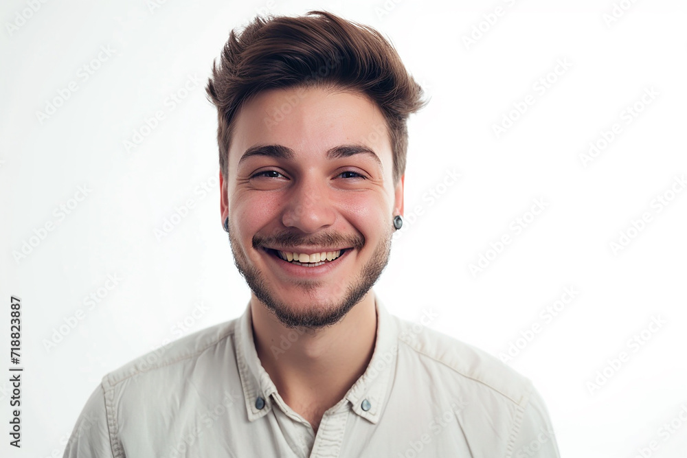 closeup shot of happy young man posing on white isolated background closeup shot of happy young man posing on white isolated background