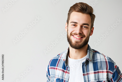 closeup shot of happy young man posing on white isolated background