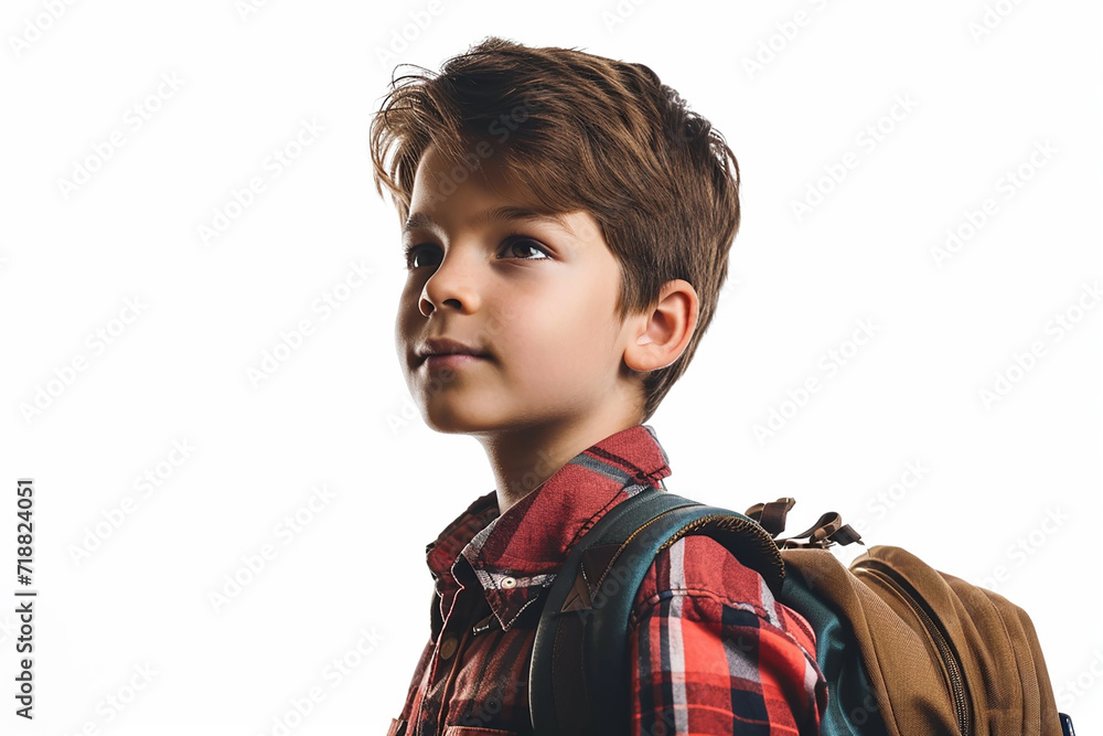 happy smart little student boy with bag on white isolated background happy smart little student boy with bag on white isolated background