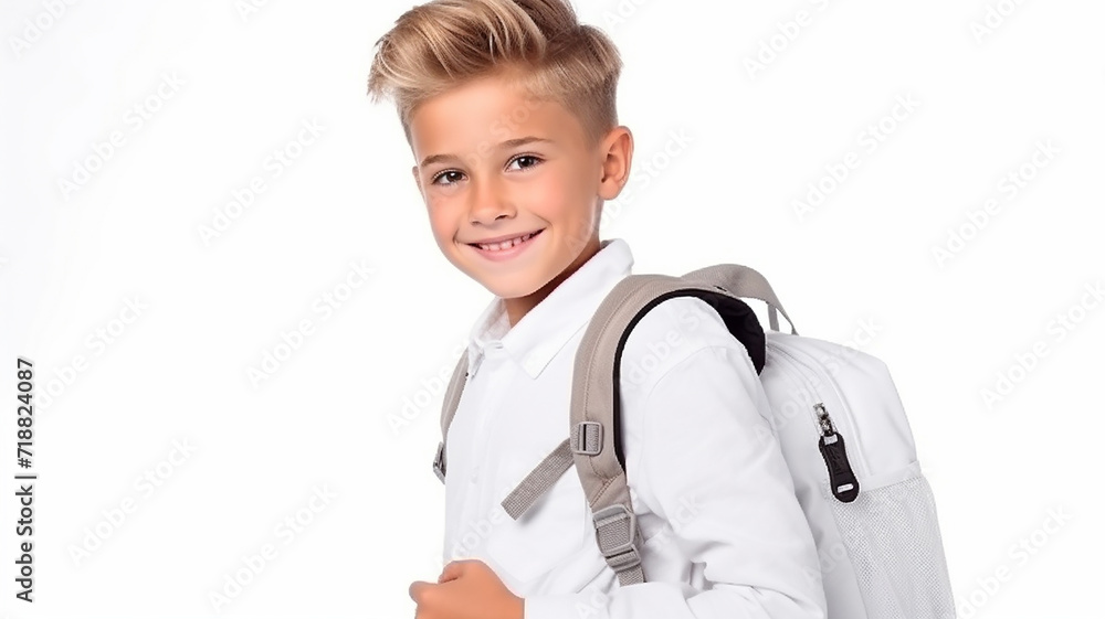 happy smart little student boy with bag on white isolated background happy smart little student boy with bag on white isolated background