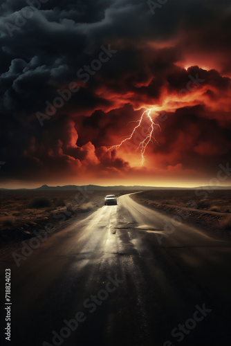 sunset over the road with car and dramatic clouds