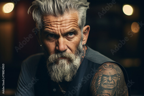 AI generated picture of handsome attractive man tattooed body isolated on dark background