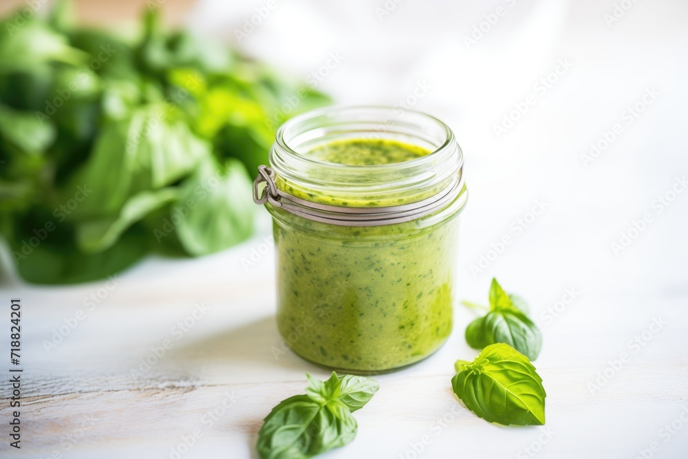 closeup of green smoothie in a glass jar with spinach leaves closeup of green smoothie in a glass jar with spinach leaves