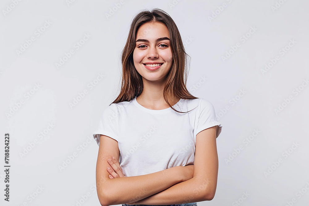 portrait of young woman arm crossed on white isolated background portrait of young woman arm crossed on white isolated background
