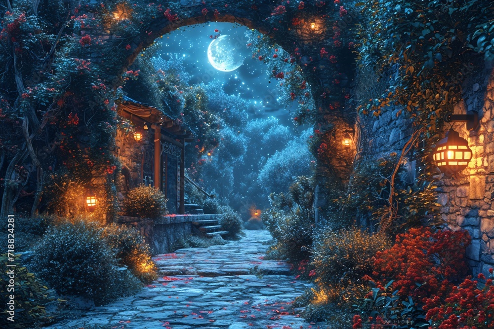 A Magical Nighttime Stroll Through the Garden Generative AI - obrazy, fototapety, plakaty 