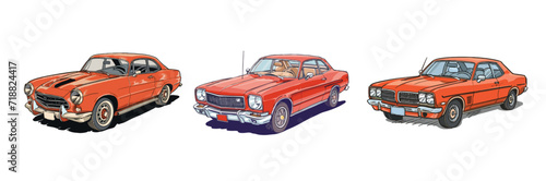 set of hand drawn colorful 80 s car old car  illustration