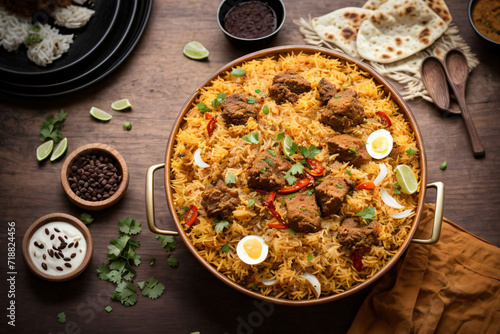 Spicy chicken biryani cuisine in a shiny silver bowl, authentic Indian food, serving fancy food in a restauran