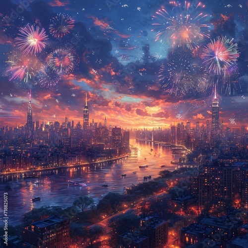 Glowing Skies Over the City: A Firework-Filled Night in July Generative AI