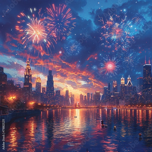 July 4th Fireworks Over Chicago: A Spectacular Skyline Illuminated by Colorful Explosions Generative AI photo