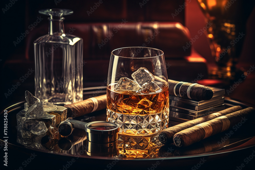 A glass of whiskey with ice and a cuban cigar on a wooden table made with generative AI A glass of whiskey with ice and a cuban cigar on a wooden table made with generative AI