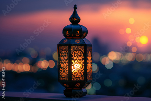 Decorative Arabic lantern with burning candle glowing in the evening  Ramadan Kareem