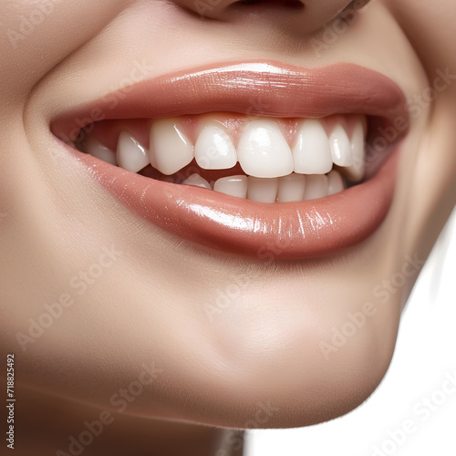 Beautiful female smile after teeth whitening procedure. Dental care  on white background