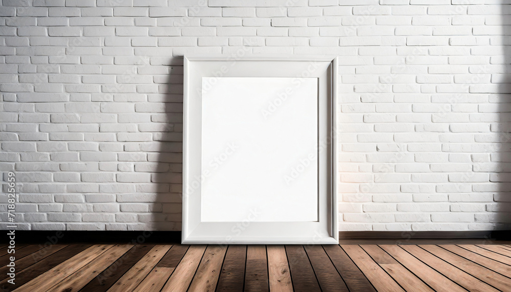 Frame mockup, white empty photo frame placed against a brick wall, on a wooden floor, modern interior