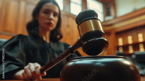 Canvas Print female judge in courtroom with gavel