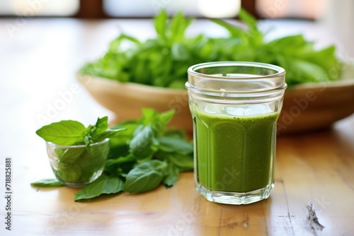 green juice in a glass pitcher on wooden table, mint leaves atop