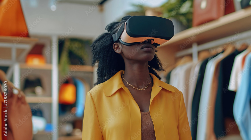 African woman wearing a virtual reality headset in a modern clothing store. African woman wearing a virtual reality headset in a modern clothing store.