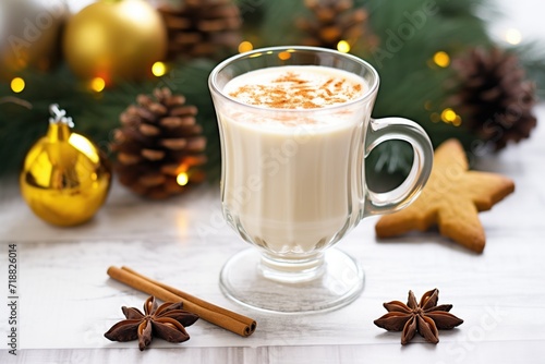 gingerbread latte in a clear glass mug with star anise beside it