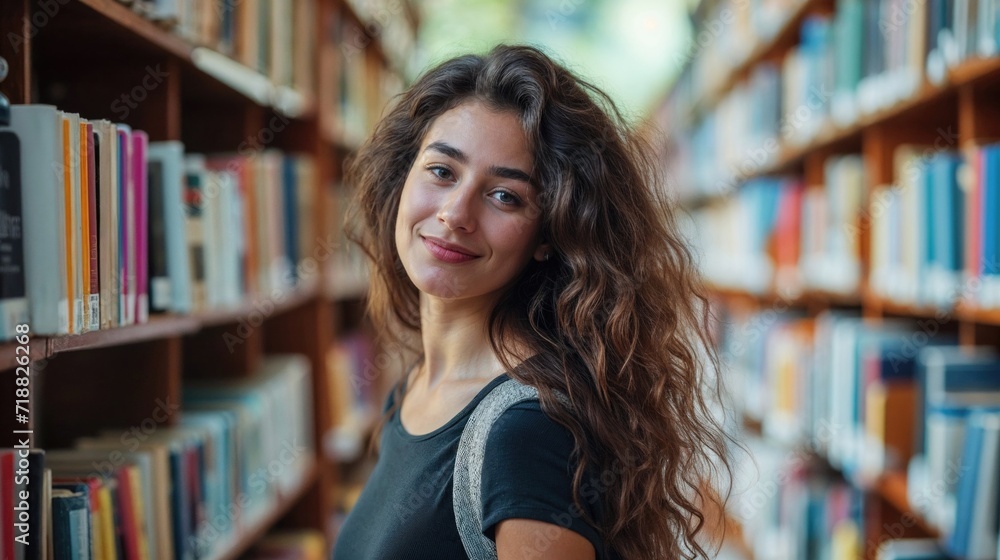Smiling young woman standing in a library aisle surrounded by books. Smiling young woman standing in a library aisle surrounded by books.