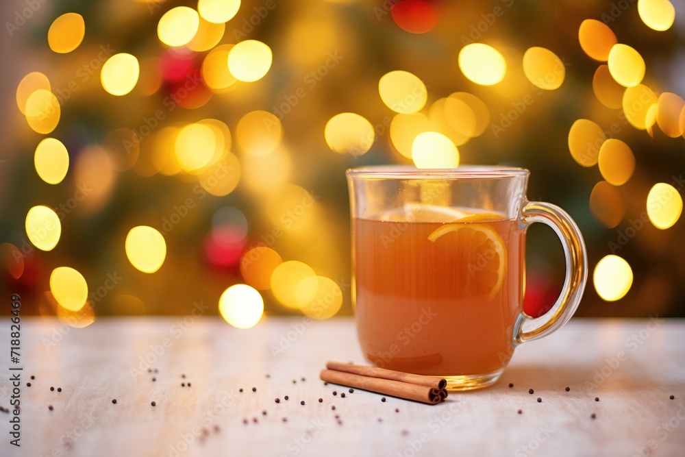 closeup of a hot toddy mug with a glowing holiday light backdrop