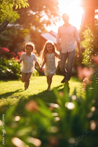 Blurred image of a family of three walking hand-in-hand in a sunlit garden.