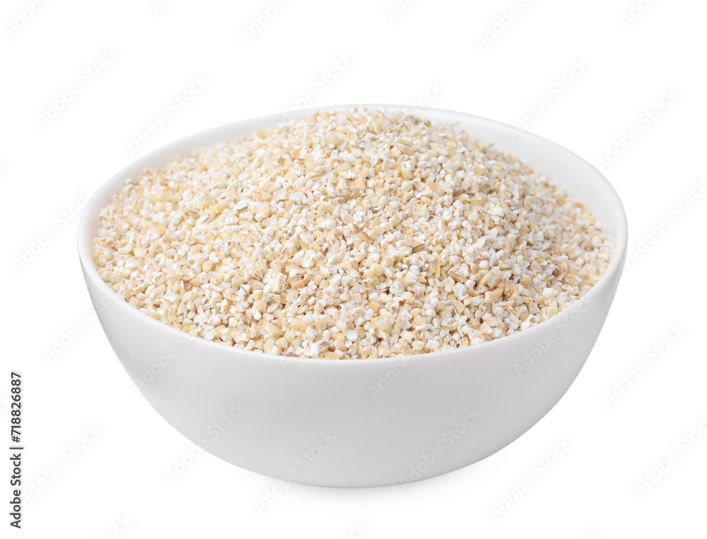Raw barley groats in bowl isolated on white Raw barley groats in bowl isolated on white