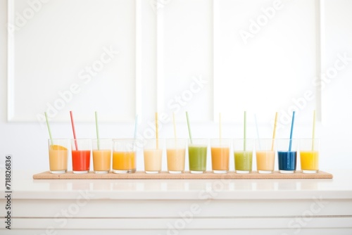 a line of juice glasses with different juice colors and straws