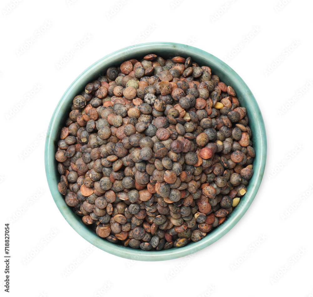 Raw lentils in bowl isolated on white, top view Raw lentils in bowl isolated on white, top view