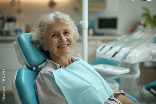 Satisfied senior woman at dentist's office looking at camera.