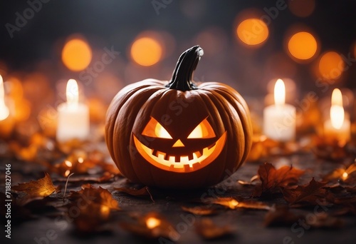 Happy halloween with pumpkin on bokeh background with copy space