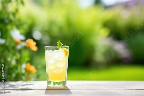 glass of lemonade with ice, focused with a blurred garden background