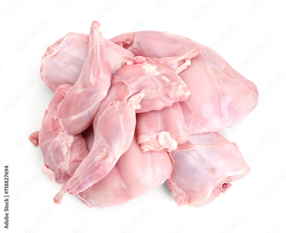 Fresh raw rabbit meat isolated on white, top view Fresh raw rabbit meat isolated on white, top view