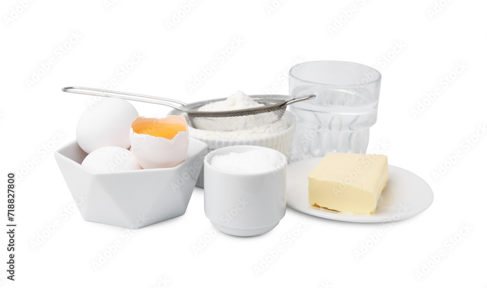 Eggs, butter, flour, salt and water isolated on white. Ingredients for puff pastry dough Eggs, butter, flour, salt and water isolated on white. Ingredients for puff pastry dough