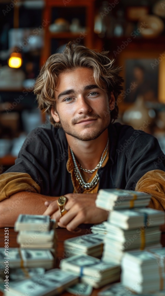 Fototapeta premium young man with stack of money