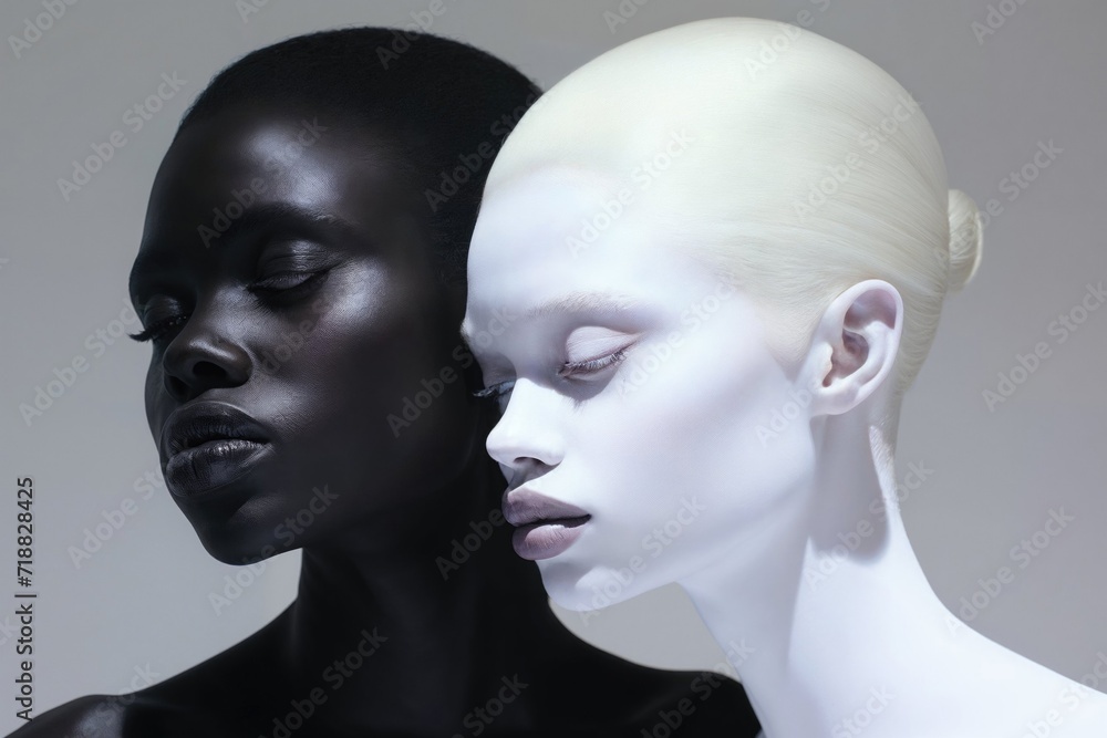 Striking contrast portrait of black and albino women, showcasing unique beauty and harmony.
