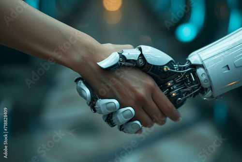 In a close-up frame, the synergy of robotic precision and human warmth converges as hands unite—a symbol of seamless business, partnership, and collaboration