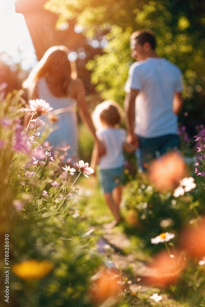 Fototapeta premium Family enjoying a walk in a blooming garden during summer.