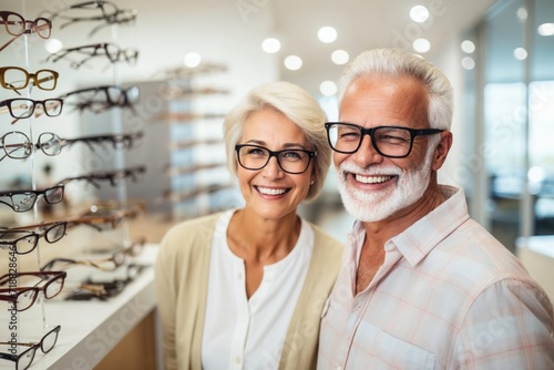 Senior couple with a smile trying on new glasses at optician store.