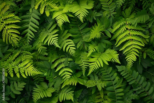 Vibrant natural green fern texture pattern. Beautiful tropical forest or jungle foliage background