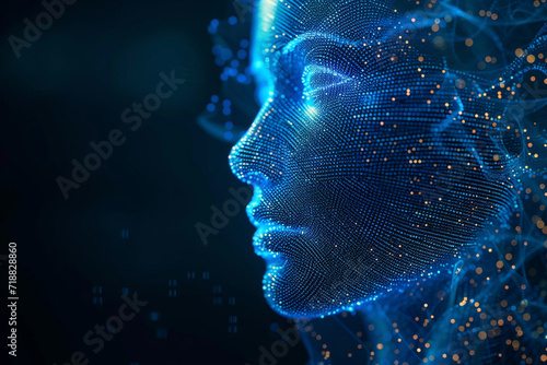 Explore the enigmatic realm of an abstract digital human face—embodied AI, echoing big data and cybersecurity concepts in a captivating 3D illustration.