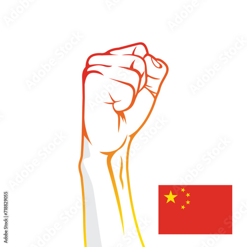 China flag with raised protest hands vector, country flag logo, China protesting concept, flat design, against idea