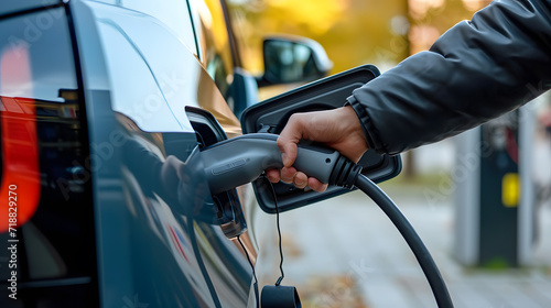 Close-up photo of person using a device to charge his electric car