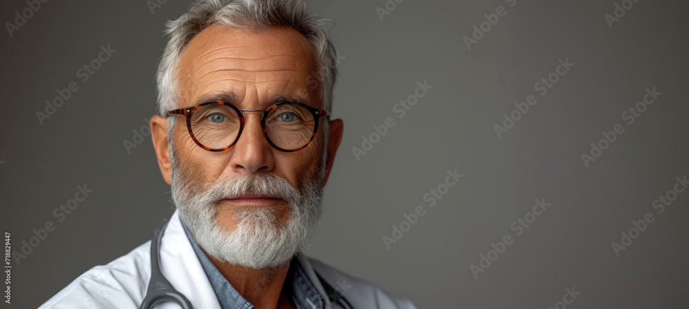 Generative AI, close up portrait of senior man doctor posing at camera, healthcare and medicine concept