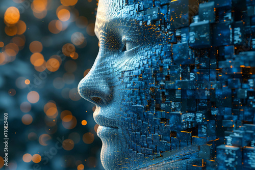 Explore the enigmatic realm of an abstract digital human face—embodied AI, echoing big data and cybersecurity concepts in a captivating 3D illustration.