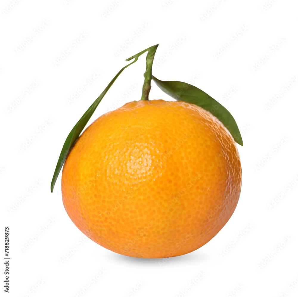 One fresh tangerine with green leaves isolated on white One fresh tangerine with green leaves isolated on white