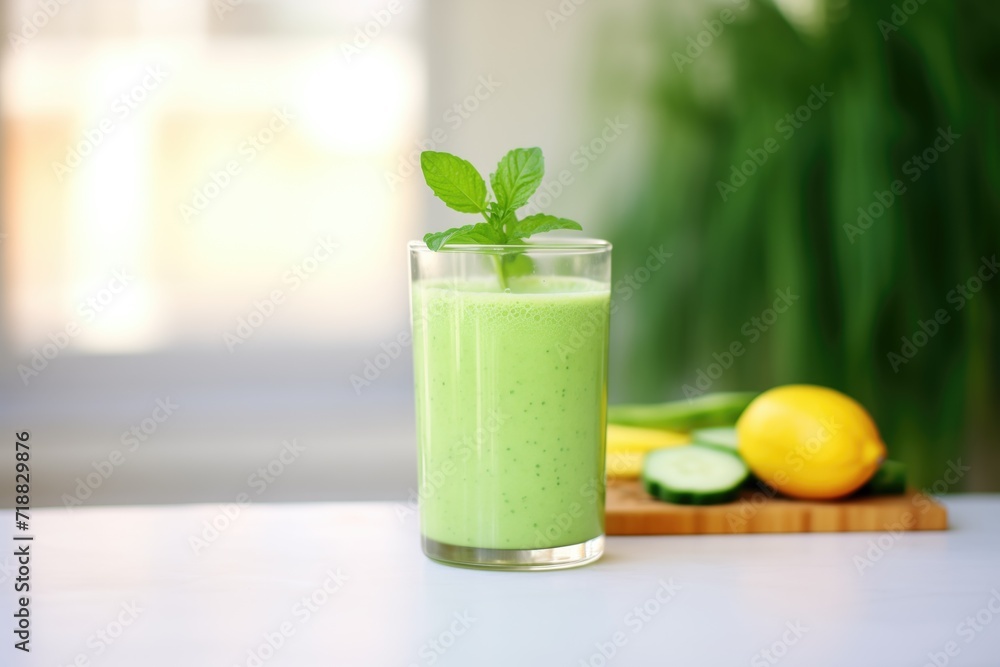 closeup of a green smoothie glass with cucumber and mint garnish closeup of a green smoothie glass with cucumber and mint garnish