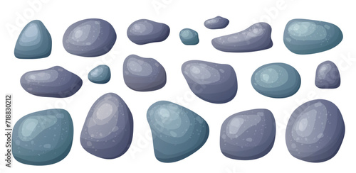 Round smooth pebble stone collection. Organic shape rock isolated. Various form of beach blob  splat. Ocean set vector illustration on white background